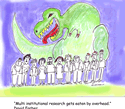 Multi institutional research gets eaten by overhead.
<br />-David Farber