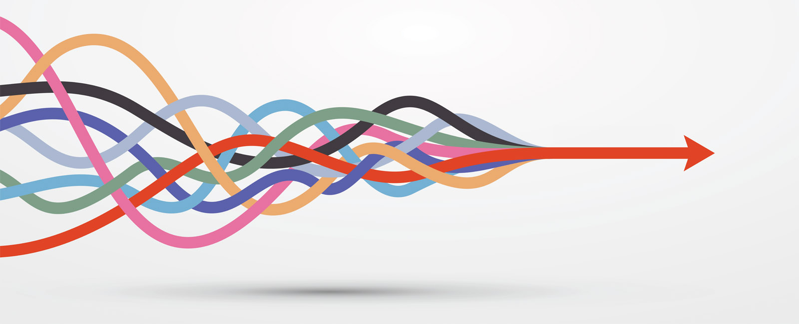 Series of interweaving lines that merge and resolve to one line with an arrow.