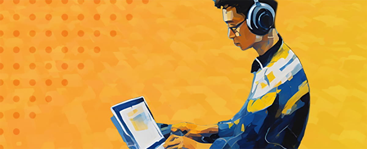 Man typing on a laptop with colorful blue splashes
