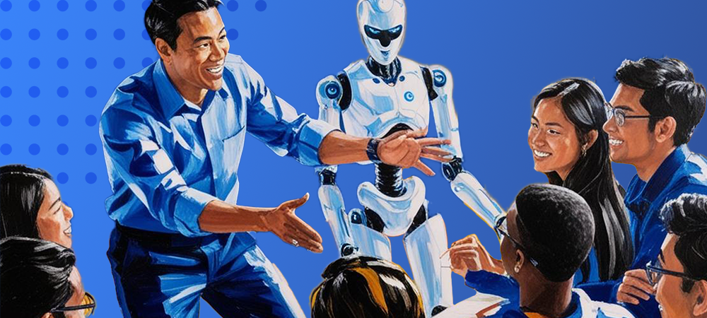 Man presenting to people alongside an AI robot