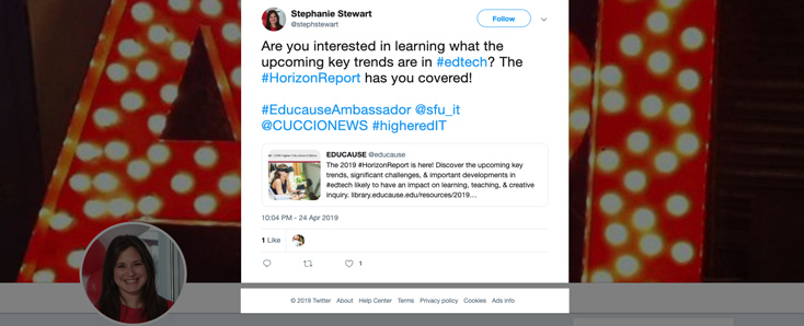 snapshot of Stephanie Stewart's twitter page and tweet