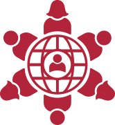 people icons circling a globe icon with person icon at the center