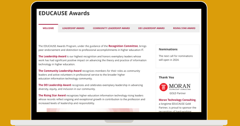 EDUCAUSE awards webpage with sponsor logo