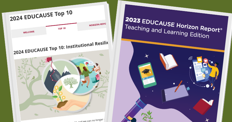 One screen showing 2023 EDUCAUSE Horizon Report and another screen showing 2024 EDUCAUSE Top 10