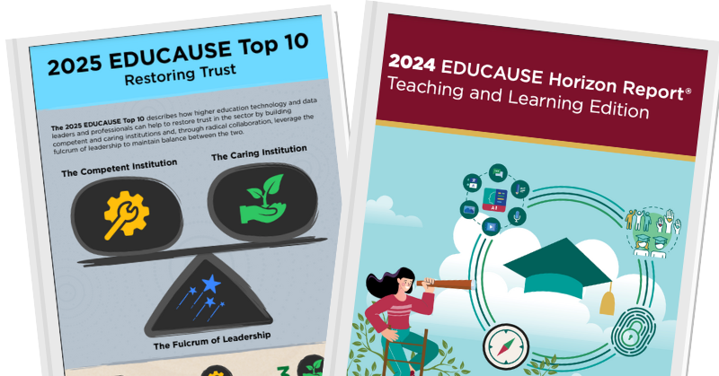 Cover images of the 2025 EDUCAUSE Top 10 | Restoring Trust, and the 2024 EDUCAUSE Horizon Report | Teaching and Learning Edition