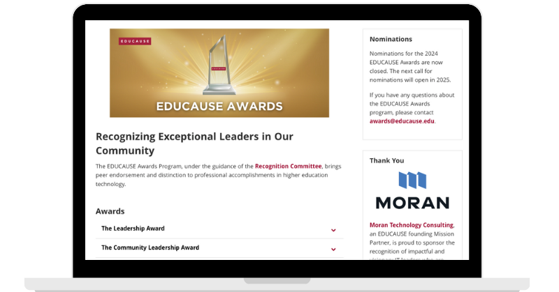 Screenshot of Awards webpage