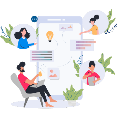 Illustration of humans, digital messaging, and foliage.