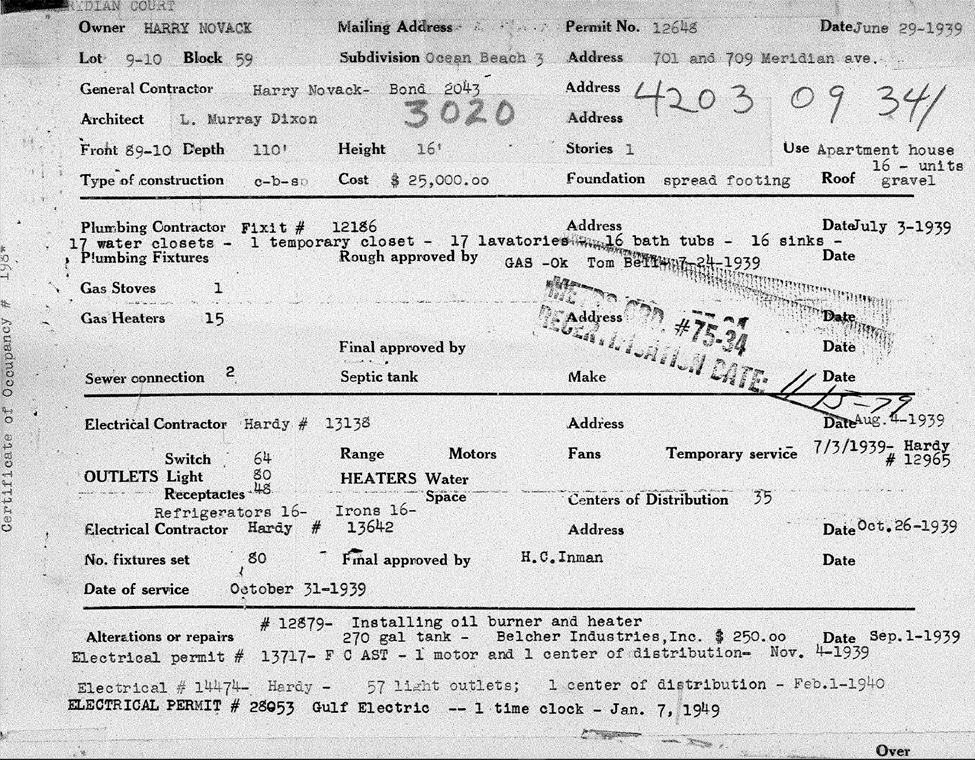 A scan of a building card dated June 29, 1939. The card shows numerous details of a particular building, including address and subdivision, architect, type of construction, cost, plumbing and heating information, specifics about the electrical permitting and work done on the building, and alterations and repairs done after the building was constructed.