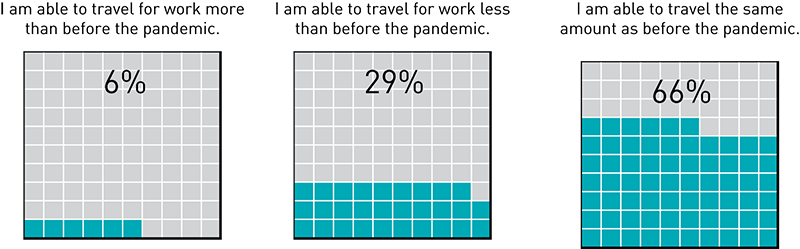 Chart showing change in travel since the pandemic. 6% said they travel more, 29% said less, and 66% said they travel the same amount.