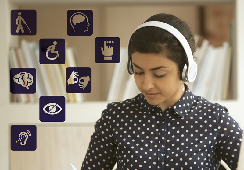 woman with headset working at a laptop