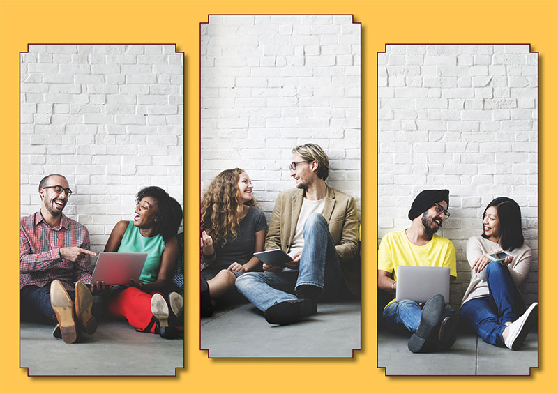 3 images. Each has two people sitting against a wall talking and laughing, and each person has some form of technology they are referencing (laptop, smartphone, tablet, etc.)