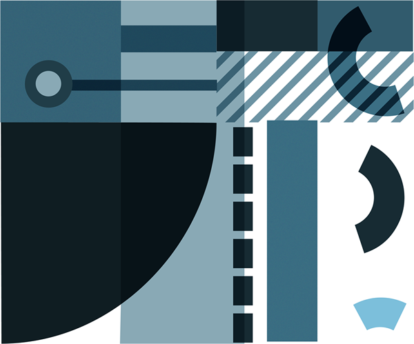 montage of black and blue-green geometric shapes and lines