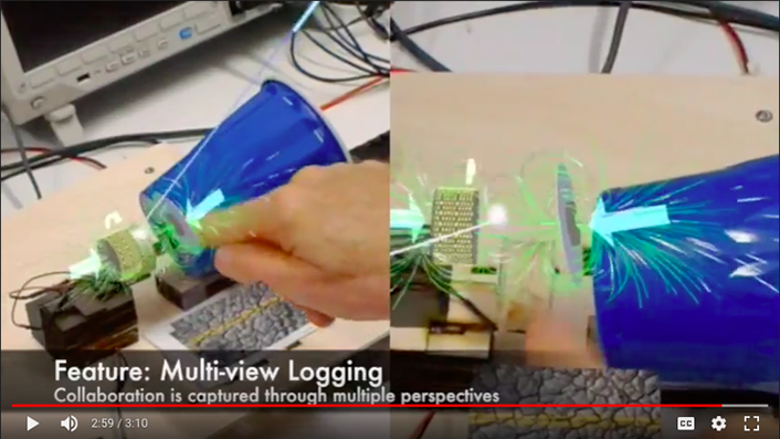 picture of AR overlays of the user's line of sight with magnetic fields and electricity from audio speakers