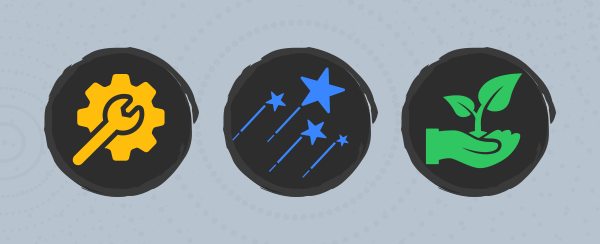 three images: a wrench on a cog; shooting stars; a hand holding a plant