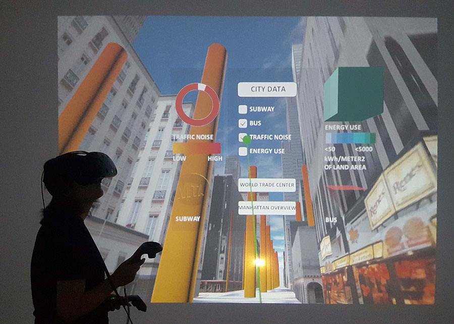 A person in a VR simulation of interactive windows