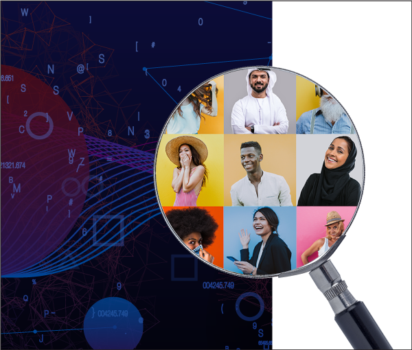 Magnifying glass with montage of squares with people in them.