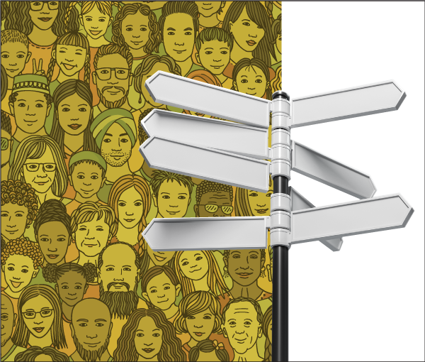 Blank sign post in front of montage of faces
