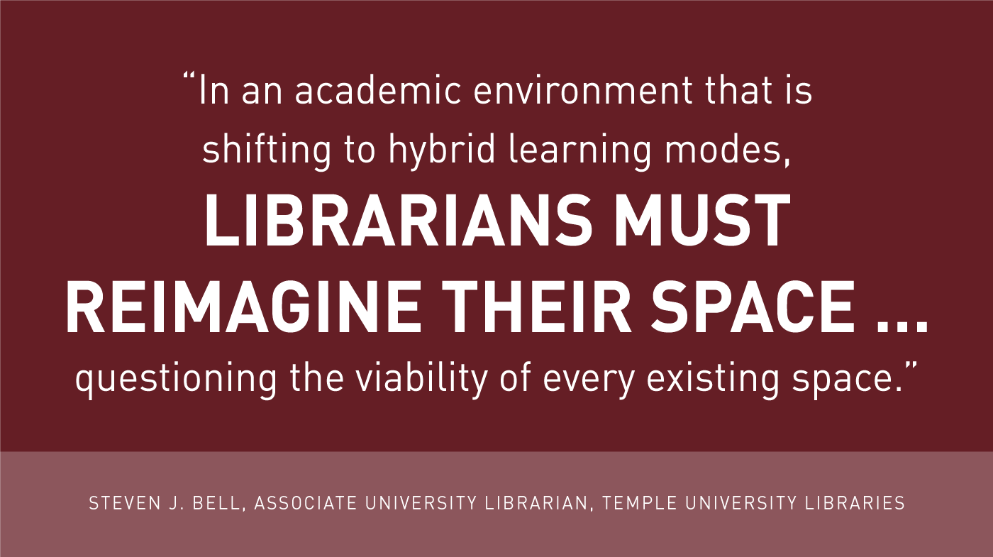 'In an academic environment that is shifting to hybrid learning modes, LIBRARIANS MUST REIMAGINE THEIR SPACE ... questioning the viability of every existing space.' - Steven J. Bell, Associate University Librarian, Temple University Libraries