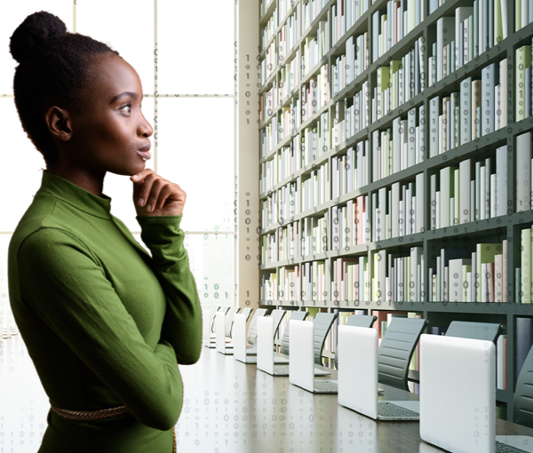 Woman staring at shelves of books