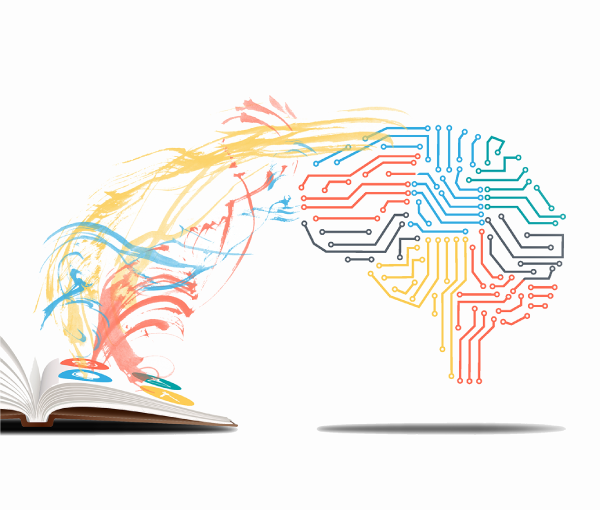 contents of a book feeding into a brain