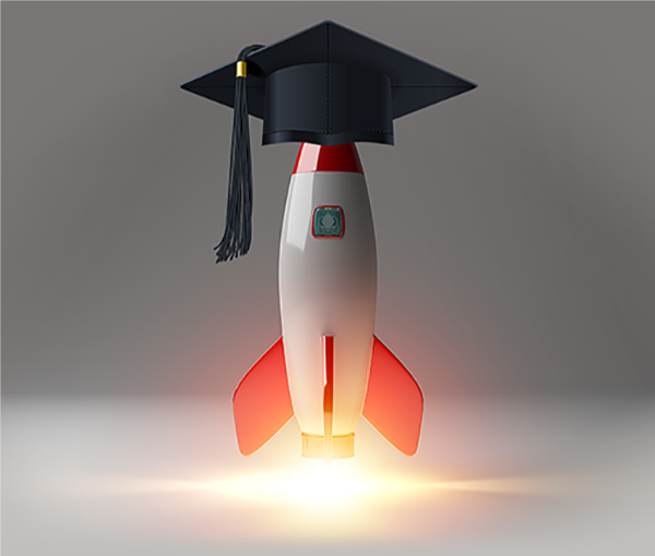 rocket taking off with graduation cap on its nose