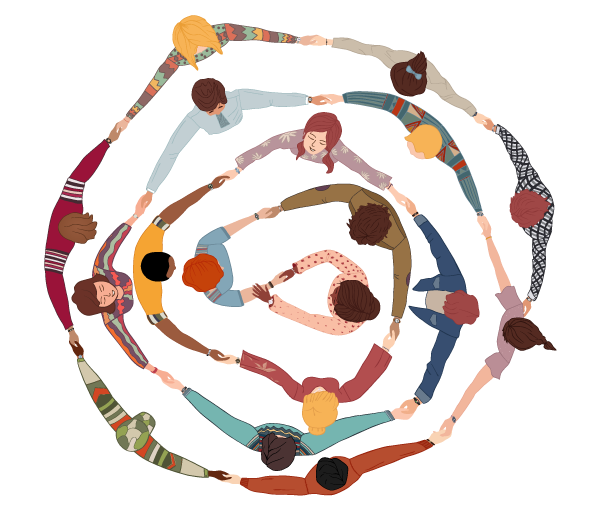 Illustration of people holding hands and forming a spiral
