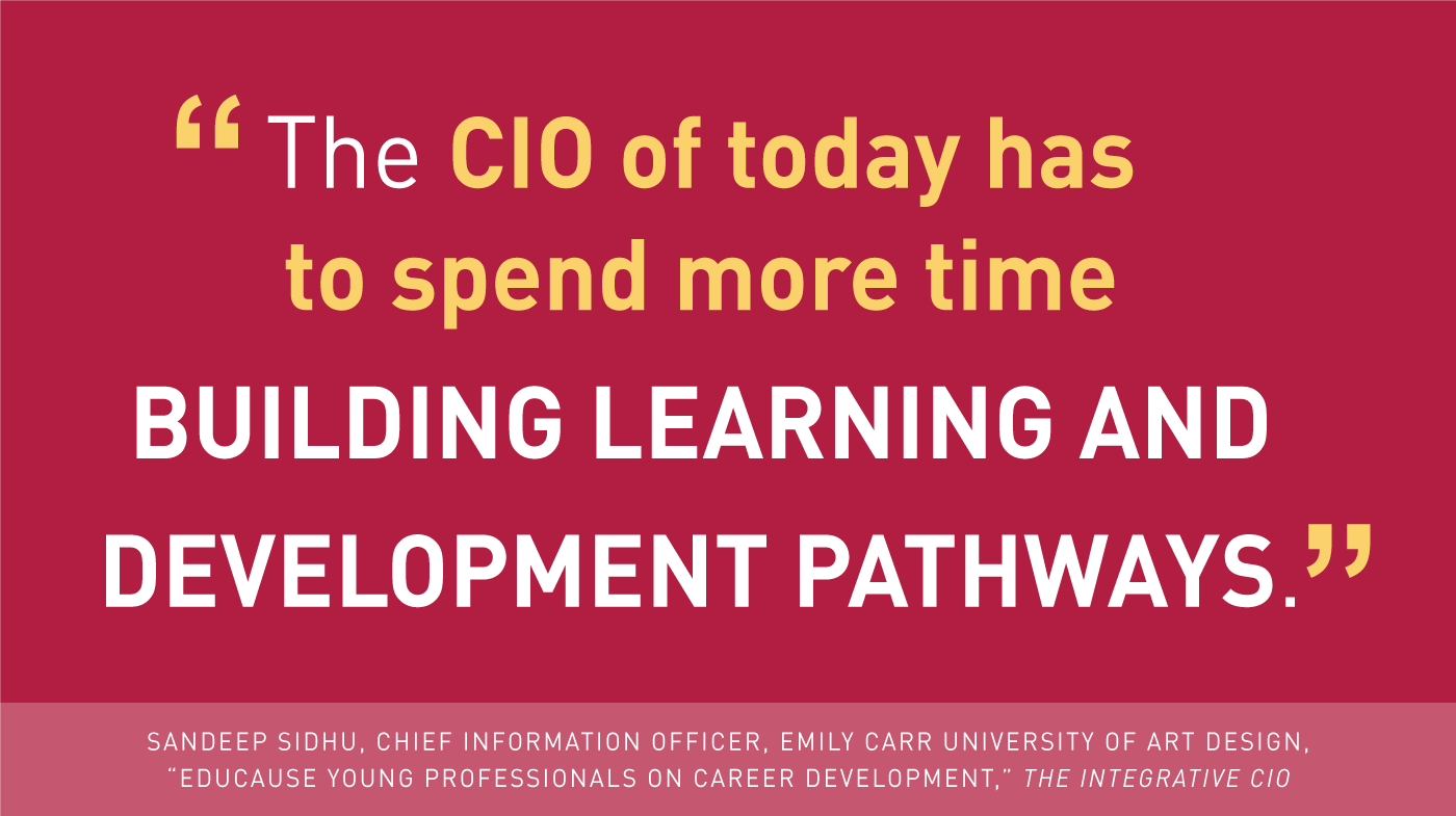 Quote: 'The CIO of today has to spend more time building learning and development pathways.' - Sandeep Sidhu, Chief Information Officer, Emily Carr University of Art and Design. 'EDUCAUSE Young Professionals on Career Development,' The Integrative CIO