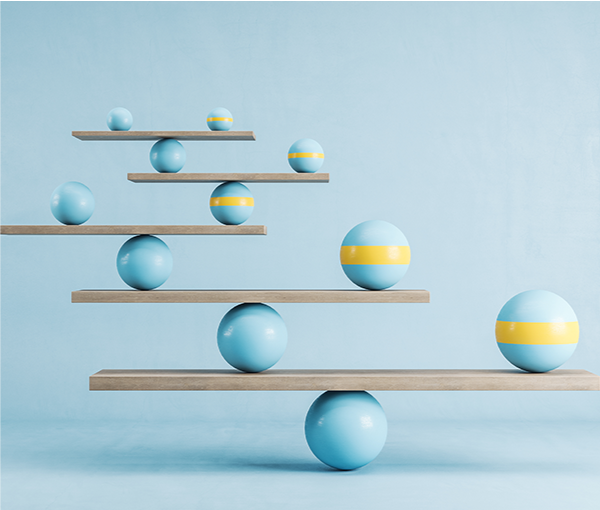 ball with a board on it, balanced by a ball on each side of the board. The ball on one side has a board balanced on it with a ball on each side of that board. This continues for many levels of balls and boards.