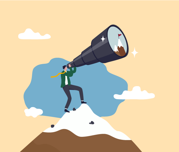 Drawing of a person on a mountain peak looking through a telescope at another peak that has a flag on it.