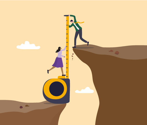 Drawing of a person standing on one end of a tape measurer and the other holding the other end at the top of a cliff.