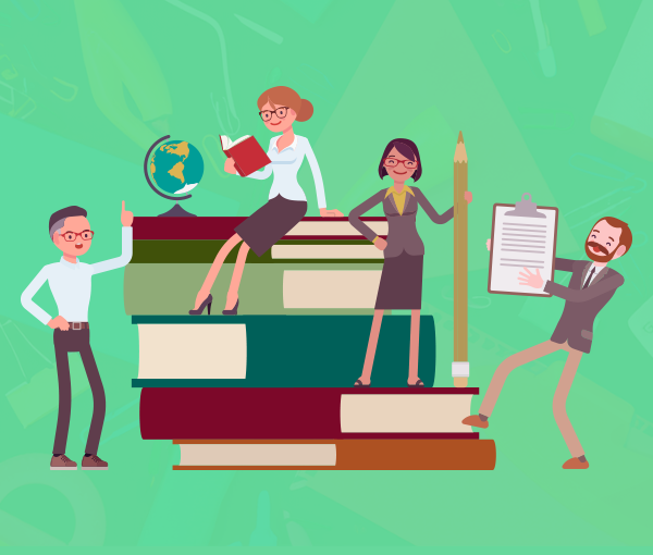 Group of people sitting with a stack of books, clipboard, pencil, and globe.