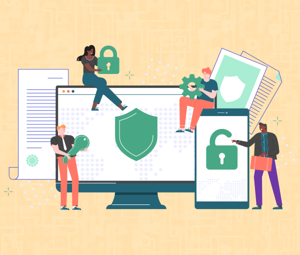 Four people looking at various screens with security symbols on them (shield, lock, etc.)