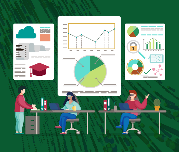 Drawing of people sitting at desks with charts and graphs behind them.