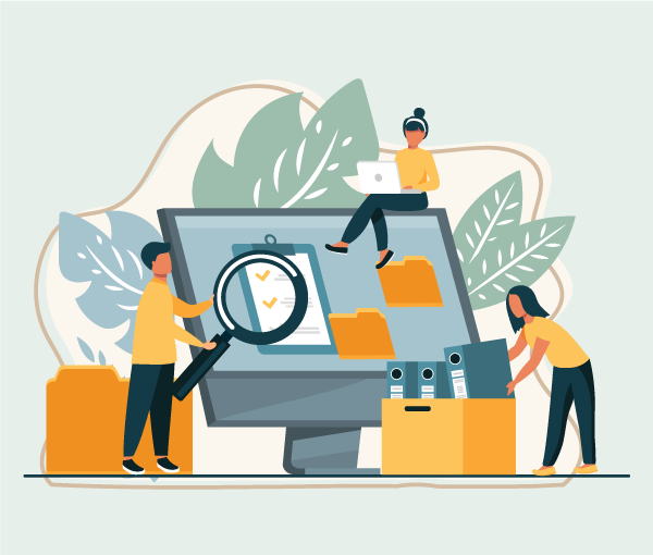 Drawing of a computer monitor. one person is standing next to it with a magnifying glass, one is sitting on top of it using a laptop, and one is putting binders into a box.