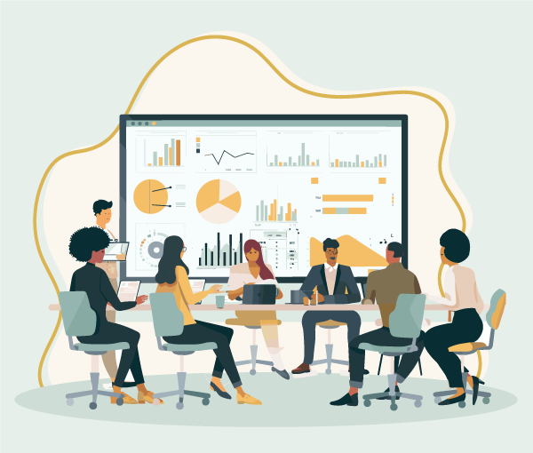 Drawsing of a group sitting around a table with a screen on the wall showing charts and graphs.
