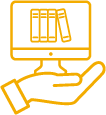 icon: hand holding a monitor with books on the screen