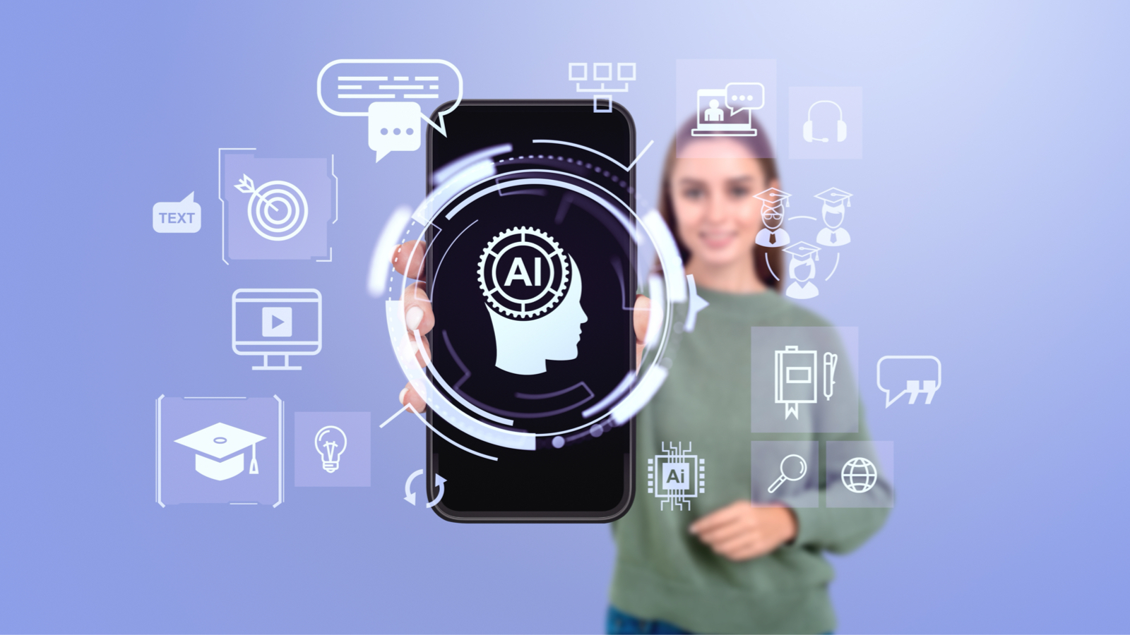 Person holding a smartphone displaying an AI icon with various educational symbols in a digital overlay.