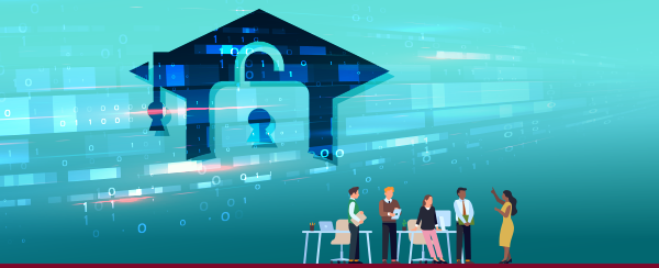 people conversing around desks with image of an open lock in the background