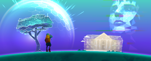 Futuristic landscape with hexagonal dome, digital face, and classical building.